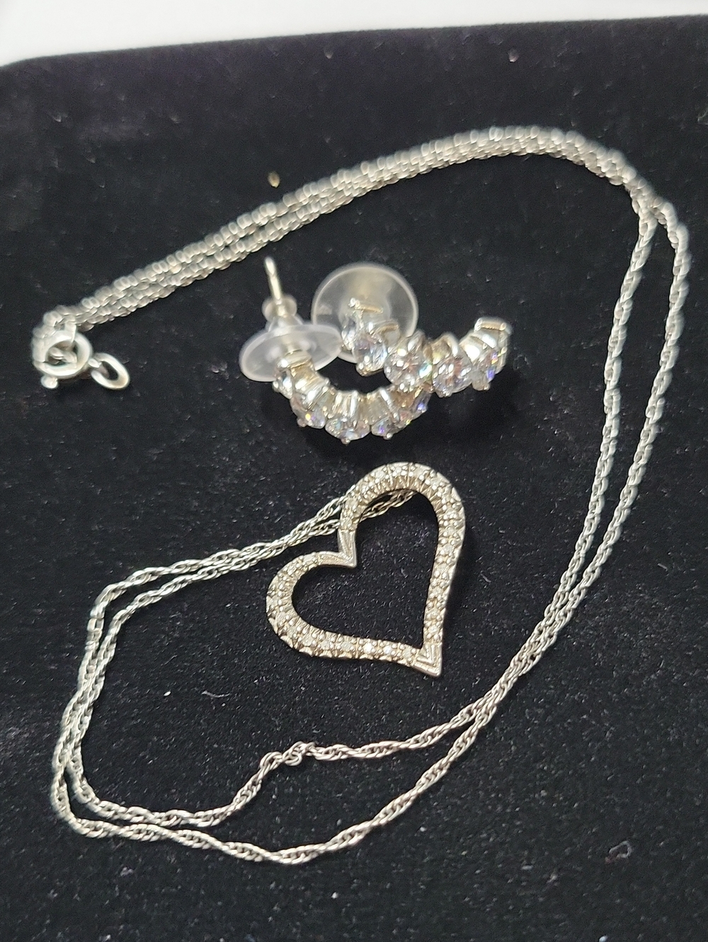Silver Heart Pendant Necklace with Crystal Hoop Earrings - Silver